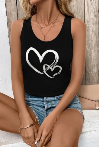 Kadın Askılı Yuvarlak Yaka Kalp Baskılı Viskon Bluz