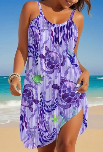 Kadın Askılı Yuvarlak Yaka Kaplumbağa Desenli Süprem Elbise