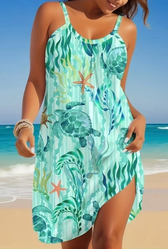 Kadın Askılı Yuvarlak Yaka Kaplumbağa Desenli Süprem Elbise