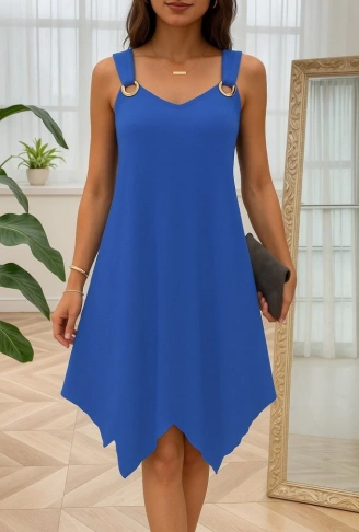 Kadın Askılı Yuvarlak Yaka Kuş Gözü Detaylı Asimetrik Viskon Elbise