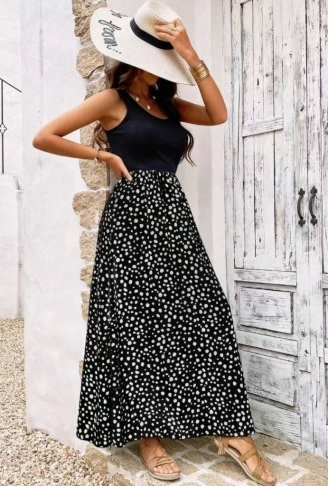 Kadın Askılı Yuvarlak Yaka üst Viskon Alt Desenli Bürümcük Elbise