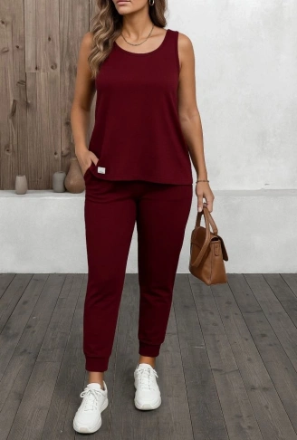 Kadın Askılı Yuvarlak Yaka Viskon Iki Iplik Bluz Ve Eşofman Altı Ikili Takım