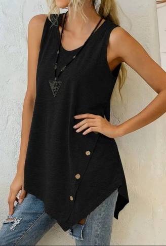 Kadın Askılı Yuvarlak Yakalı Asimetrik Kesim Detaylı Viskon Bluz