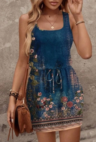 Kadın Askılı Yuvarlak Yakalı Beli Kusaklı çiçek Desenli Kısa Süprem Elbise