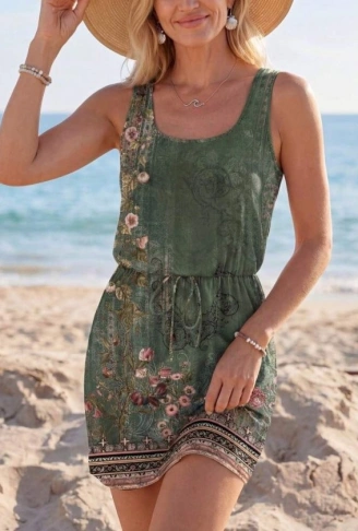 Kadın Askılı Yuvarlak Yakalı Beli Kusaklı çiçek Desenli Kısa Süprem Elbise