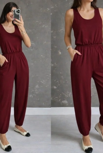 Kadın Askılı Yuvarlak Yakalı Cepli Viskon Tulum