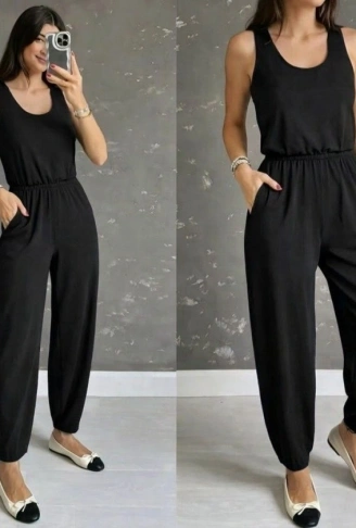 Kadın Askılı Yuvarlak Yakalı Cepli Viskon Tulum