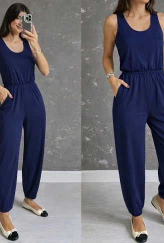 Kadın Askılı Yuvarlak Yakalı Cepli Viskon Tulum