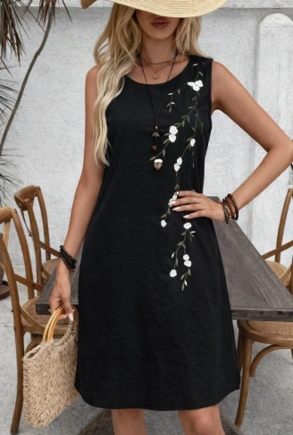 Kadın Askılı Yuvarlak Yakalı çiçek Desenli Kısa Elbise