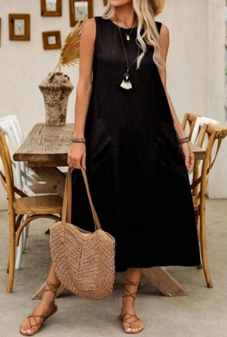 Kadın Askılı Yuvarlak Yakalı Kıloş Cepli Uzun Elbise