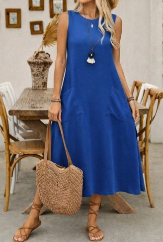 Kadın Askılı Yuvarlak Yakalı Kıloş Cepli Uzun Elbise