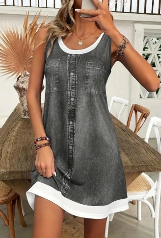 Kadın Askılı Yuvarlak Yakalı Kot Görünümlü Kısa Süprem Elbise