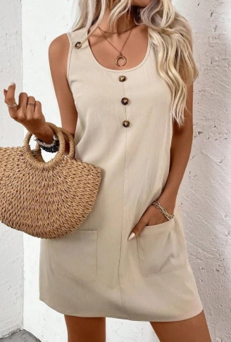 Kadın Askılı Yuvarlak Yakalı önden Düğmeli Cep Detaylı Kısa Elbise