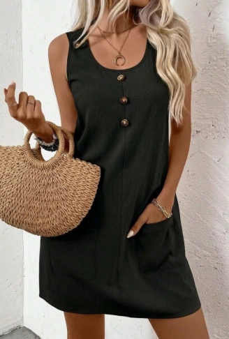 Kadın Askılı Yuvarlak Yakalı önden Düğmeli Cep Detaylı Kısa Elbise