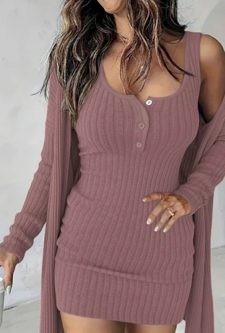 Kadın Askılı Yuvarlak Yakalı önü Düğmeli şardonlu Kaşkorse Mini Elbise Ve Kısa Ceket