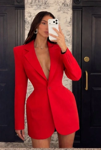 Kadın Atlas-dokuma Kumaş Birleşimi Ceket Elbise