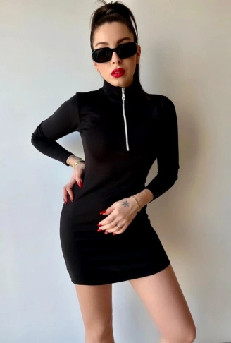 Kadın Balıkçı Yaka Fermuar Detay Mini Elbise