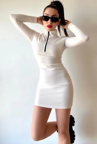 Kadın Balıkçı Yaka Fermuar Detay Mini Elbise