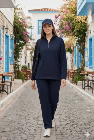 Kadın Balıkçı Yaka Fermuar Detay Polar Sweat Ve Pantolon Ikili Takım