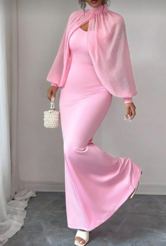 Kadın Balıkçı Yaka İnci Ve Tül Detay Dalgıç Kumaş Maxi Boy Elbise