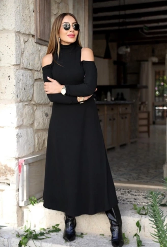 Kadın Balıkçı Yaka Omuzlardan Açık Uzun Kollu Janjan Krep Elbise