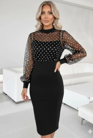 Kadın Balıkçı Yaka Puantiyeli Tül Detay Midi Boy Elbise