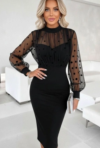 Kadın Balıkçı Yaka Puantiyeli Tül Detay Midi Boy Elbise