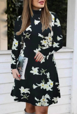 Kadın Balıkçı Yaka Uzun Kollu çiçek Desenli Krep Elbise
