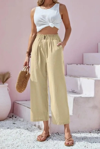 Kadın Bel Büzgü Ve Düğme Detay Kapri Keten Pantolon