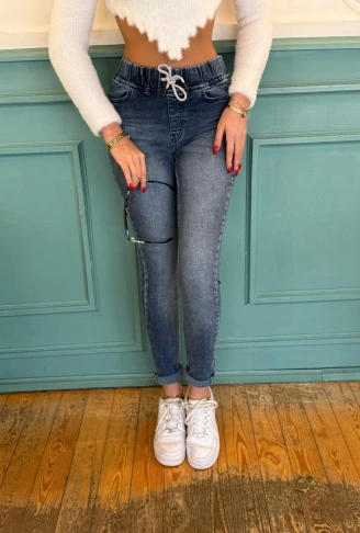 Kadın Belden Bağlamalı Cepli Yüksek Bel Kot Pantolon