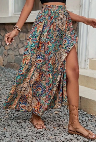 Kadın Beli Büzgülü Yandan Yırtmaçlı Desenli Süprem Etek