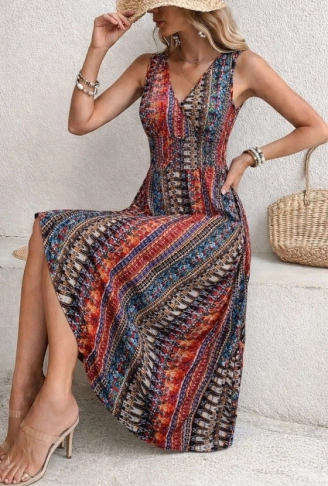 Kadın Beli Gipeli Etnik Desen Sıfır Kol Süprem Elbise