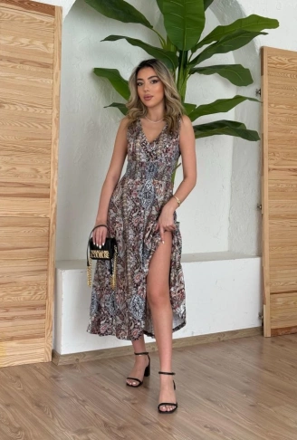 Kadın Beli Gipeli Etnik Desen Sıfır Kol Süprem Elbise