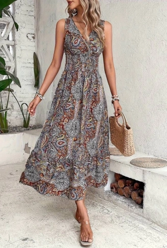 Kadın Beli Gipeli Etnik Desen Sıfır Kol Süprem Elbise