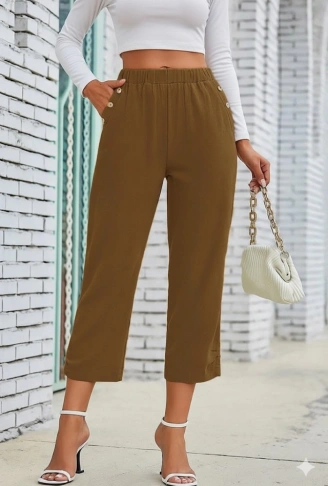 Kadın Beli Lastikli Düğme Ve Cep Detaylı Kapri Ithal Keten Pantolon