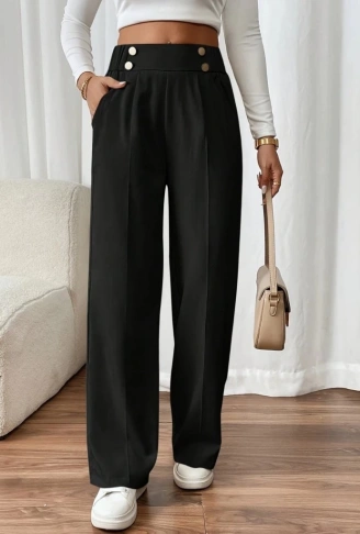 Kadın Beli Lastikli Düğmeli Ithal Krep Pantolon