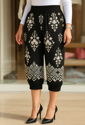 Kadın Beli Lastikli Etnik Desenli Kapri Süprem Pantolon
