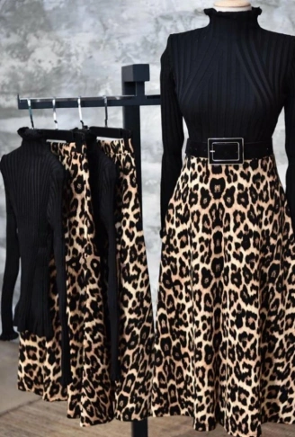 Kadın Beli Lastikli Leopar Desenli Krep Kumaş Efsane Etek Kemersiz