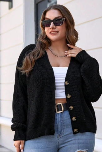 Kadın Beş Düğme Detay Büyük Beden Triko Hırka