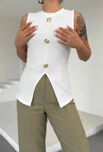Kadın beyaz bisiklet yaka gold düğmeli ottoman bluz s2310