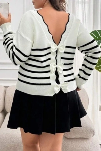 Kadın Beyaz Sırt Bağlama Detaylı çizgi Desen Triko Bluz