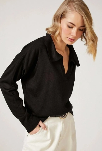 Kadın Beyaz Uzun Kollu Yakalı Triko Bluz