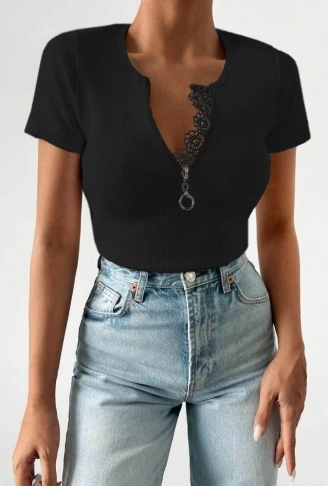 Kadın Beyaz Yaka Dantel Ve Fermuarlı Kaşkorse Bluz