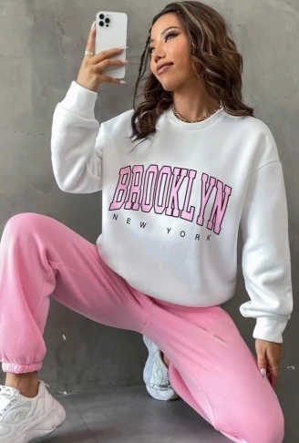Kadın Bisiklet Yaka Brooklyn Baskılı üç Iplik Kumaş Sweat