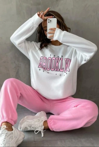 Kadın Bisiklet Yaka Brooklyn Baskılı üç Iplik Kumaş Sweat