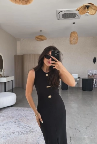 Kadın Bisiklet Yaka Broş Detay Yırtmaçlı Maxi Boy Ottoman Elbise