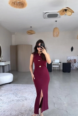 Kadın Bisiklet Yaka Broş Detay Yırtmaçlı Maxi Boy Ottoman Elbise