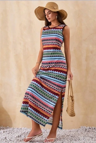 Kadın Bisiklet Yaka Cizgi Desen Süprem Elbise