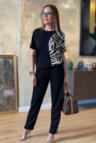 Kadın Bisiklet Yaka Kısa Kol Leopar Desen Bluz Ve Pantolon Ikili Takım