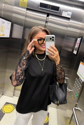 Kadın Bisiklet Yaka Kolları Dantel Güpür Detay Bluz